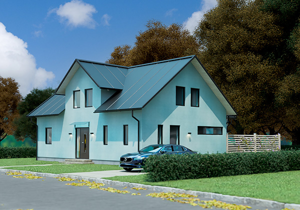 Putsad villa med en bil parkerad utanför