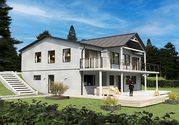 Stenhus i suterräng med altan på baksidan