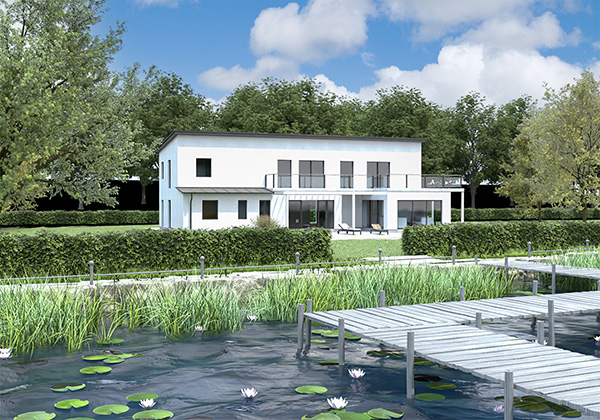 Tvåplansvilla i sten med putsad fasad